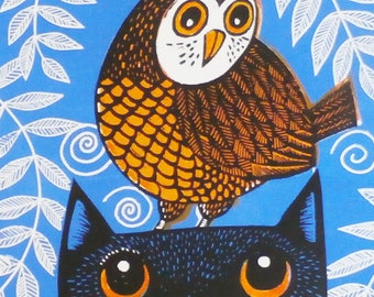 linocut print - owl and cat linocut print - signed open edition - free delivery - hand printed - Kat Lendacka - linoprint