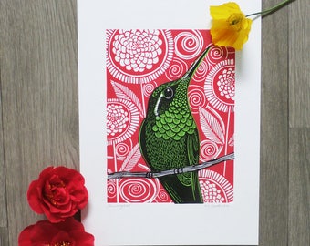 Hummingbird Linocut Print, Hand Printed Signed Open Edition, Kat Lendacka