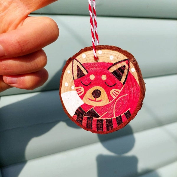 Red Panda christmas tree decoration - hand printed - handmade - linocut - wooden slice - kat lendacka - free postage in uk