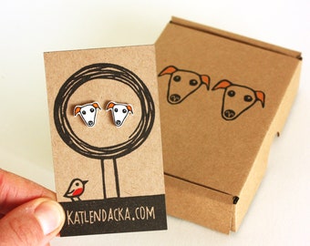 whippet earrings - whippet jewelry - whippet jewellery - linocut - Kat Lendacka - animal earrings - shrink plastic