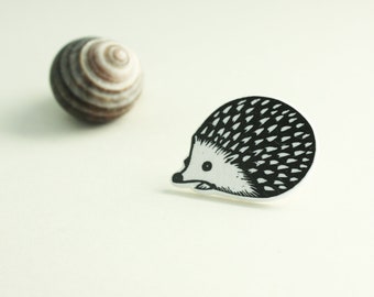 hedgehog pin - hedgehog badge - jewelry - hedgehog jewellery - linocut - Kat Lendacka - animal pin - shrink plastic - block print