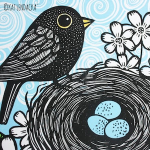 May include: Black and white woodcut illustration of a bird perched on a nest with three blue eggs inside. The background is a light blue with white swirls.