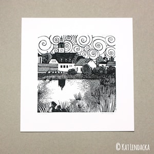 May include: Black and white woodcut print of a small town with a church steeple, houses, and a pond. The sky is filled with swirling clouds.