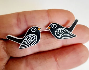 Blackbird Earrings, Linocut Shrink Plastic Earrings, Blackbird Jewelry, Blackbird Jewellery, Shrink Plastic Jewelry, Kat Lendacka