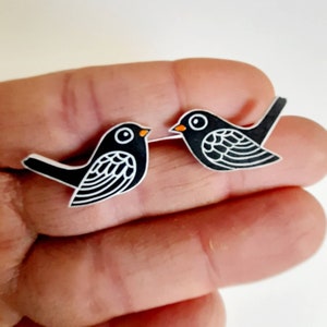 Blackbird Earrings, Linocut Shrink Plastic Earrings, Blackbird Jewelry, Blackbird Jewellery, Shrink Plastic Jewelry, Kat Lendacka
