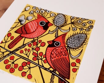Red Cardinals Linocut Print, Kat Lendacka, Lino Print, Bird Print, Signed Open Edition