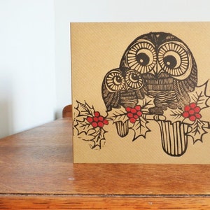 christmas linocut card owls in holy hand printed card Kat Lendacka blank greeting card brown kraft card freepostage in UK image 1