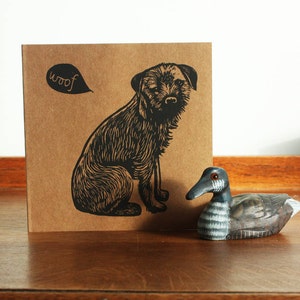 Border Terrier, Linoldruck Karte, Original handgedruckte Karte, Blanko Grußkarte, braune Kraft Karte, gratis Porto in UK,