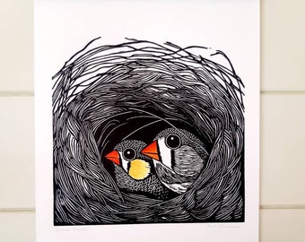 Zebra Finch linocut print - zebra finch linoprint - bird linoprint- gift - gift for her - Signed Open Edition - Free Postage - Kat Lendacka