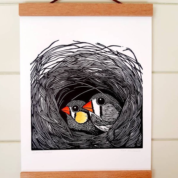 Zebra Finch Linolschnitt Druck - Zebra Finke Linoldruck - Vogel Linoldruck-Geschenk - Geschenk für sie - signiert Open Edition - kostenloser Versand - Kat Lendacka