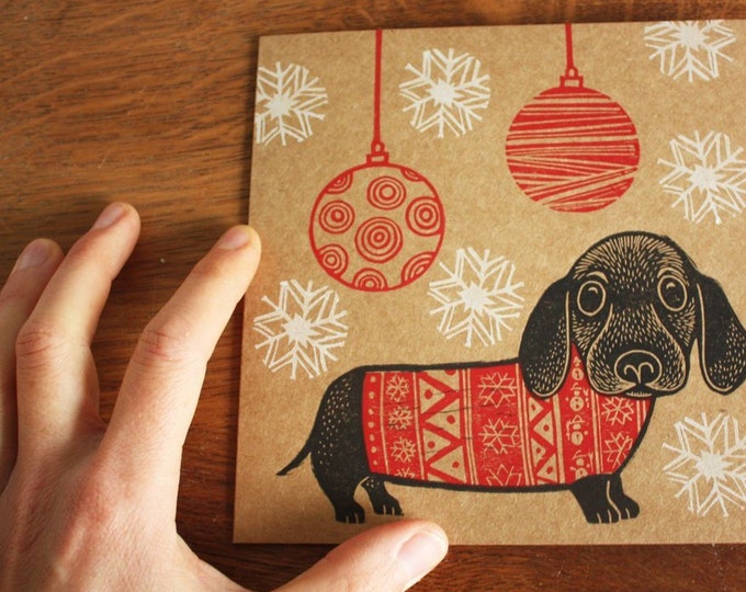 Christmas Linocut Card Sausage Dog Christmas Card Hand Etsy