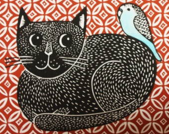 Cat Linocut Print, Hand Printed Linocut, Black Cat and Budgie, Cat Linoprint, Free Postage, Kat Lendacka