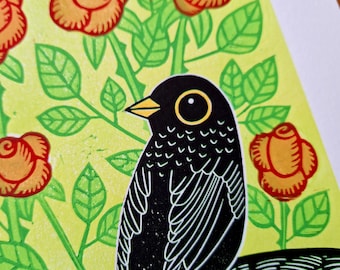 Blackbird and Roses Linocut Print, Blackbird and Roses linocut print, Kat Lendacka, Blackbird Lino Print, Limited Edition of 20