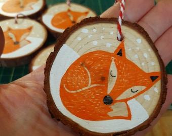Fox Christmas Tree Ornament, Handmade Tree Decoration, Wood Slice Decoration, Kat Lendacka, Free Postage