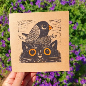 Cat and Bird Linocut Card, Cat Linocut Print Card, Cat and Bird Linoprint, Hand Printed, Kat Lendacka, Free Postage in UK