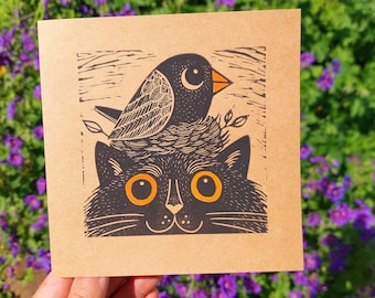 Cat and Bird Linocut Card, Cat Linocut Print Card, Cat and Bird Linoprint, Hand Printed, Kat Lendacka, Free Postage in UK