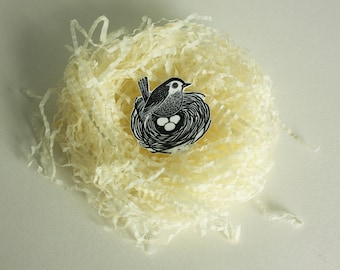 Wren Brooch, Bird Brooch, Nest Brooch, Shrink Plastic, Wren Jewelry, Kat Lendacka
