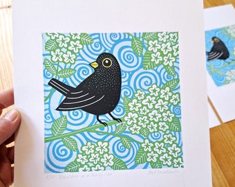 Blackbird in a Cherry Tree Linocut Print, Blackbird linocut print, Kat Lendacka, Blackbird Lino Print, Limited Edition of 20