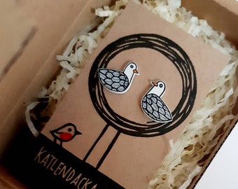 Seagull earrings - seagull jewelry - seagull jewellery - linocut - Kat Lendacka - bird earrings - shrink plastic