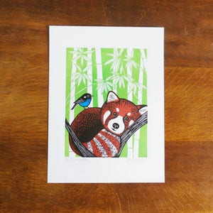 May include: A red panda with black and white stripes is sitting in a bamboo forest. A small blue bird is perched on a branch behind the panda.