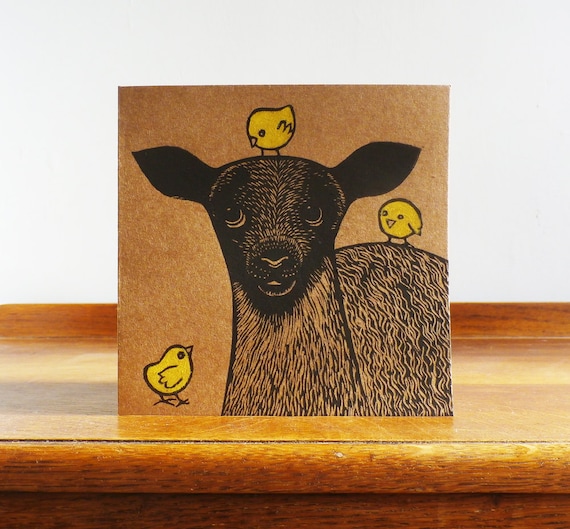 linocut card - lamb and chicks - hand printed - lino cut - animal card - Kat Lendacka -  blank greeting card - easter - free postage