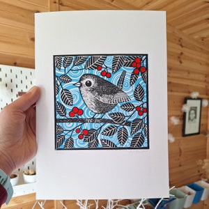 Wren Linocut Print, Hand Printed Signed Open Edition, Kat Lendacka