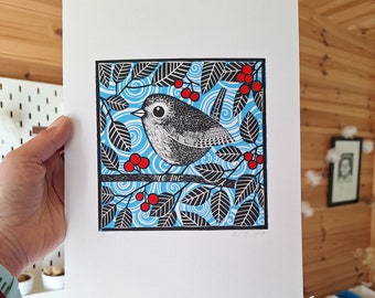 Wren Linocut Print, Hand Printed Signed Open Edition, Kat Lendacka