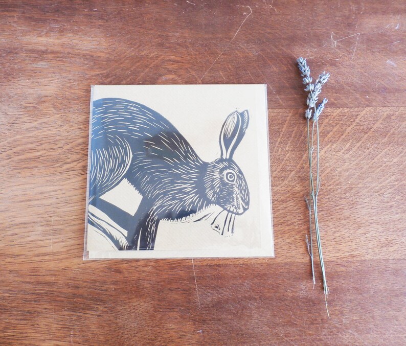 Hare Linocut Print, Hare Linocut Greeting Card, Woodland Animal, Linoprint Card, Blank Greeting Card, Kat Lendacka, Free Postage in UK, image 4