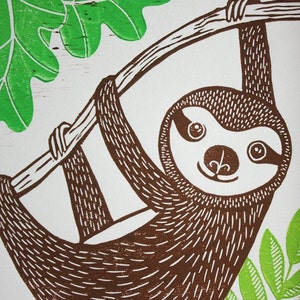 sloth linocut - original linocut print - signed open edition - Kat Lendacka - lino print - animal linocut - free postage - hand printed