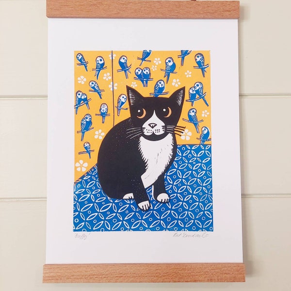 Buffy the Cat Linocut Print, mustard yellow, Hand Printed Signed Open Edition, Kat Lendacka