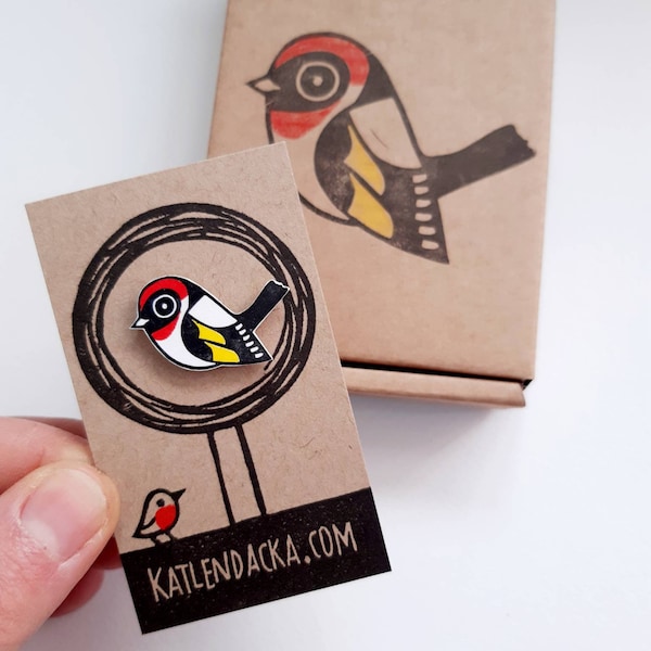 Goldfinch Pin, Goldfinch Badge, Linocut Shrink Plastic Pin, Shrink Plastic Jewelry, Mothers Day, Kat Lendacka