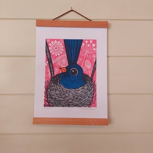 Blue Bird Nest Linocut Print, Hand Printed Signed Open Edition, Kat Lendacka