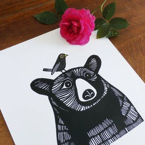 Bear Linocut Print, Bear And Blackbird Linocut Print, Kat Lendacka, Bear Lino Print, Open Signed Edition