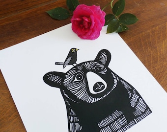 Bear Linocut Print, Bear And Blackbird Linocut Print, Kat Lendacka, Bear Lino Print, Open Signed Edition