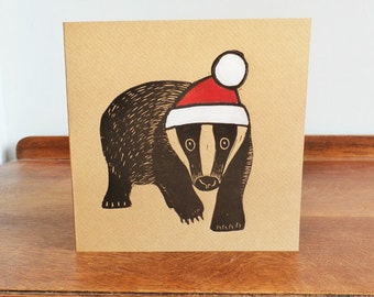 christmas linocut card - badger - hand printed card Kat Lendacka - linoprint - blank greeting card - brown kraft card - free postage in UK