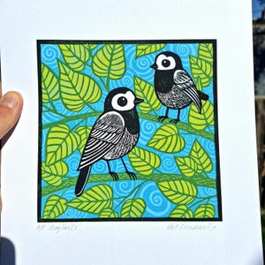 Wagtails Print, Wagtails Linocut Print, Linoprint, limited edition, Kat Lendacka