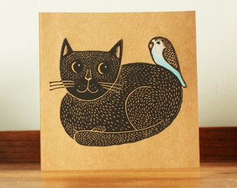 Cat Linocut Print, Cat Greeting Card, Hand Printed Linocut Card, Black Cat And Budgie, Kat Lendacka, Free Postage