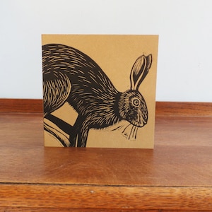 Hare Linocut Print, Hare Linocut Greeting Card, Woodland Animal, Linoprint Card, Blank Greeting Card, Kat Lendacka, Free Postage in UK, image 1