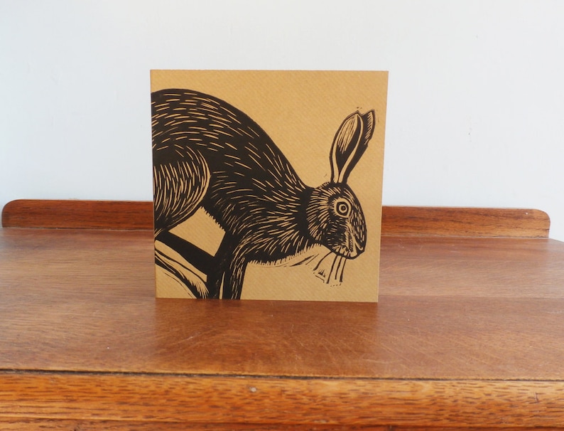 Hare Linocut Print, Hare Linocut Greeting Card, Woodland Animal, Linoprint Card, Blank Greeting Card, Kat Lendacka, Free Postage in UK, image 1