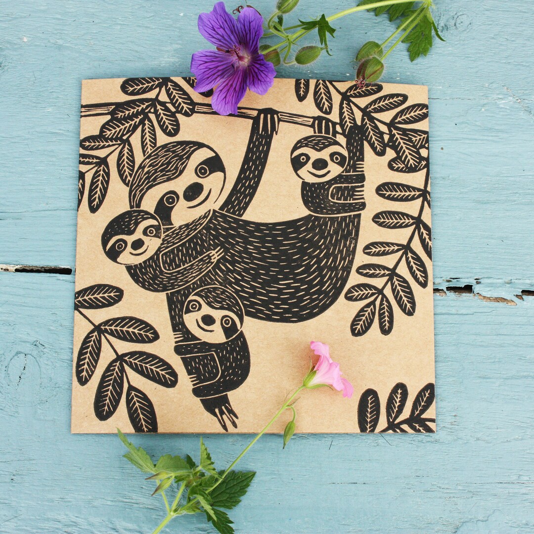 Daddy Sloth - Sloth Linocut Card - Original Linoprint - Linocut Card ...