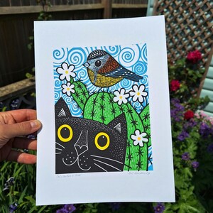 Cactus and Cat Linocut Print, Hand Printed Signed Open Edition, Kat Lendacka