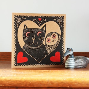 Eule und Katze Linoldruck, Linolschnitt Grußkarte, Eule und Katze Druck, Katze Linoldruck, Eulen Linoldruck, Kat Lendacka, UK Versandkostenfrei