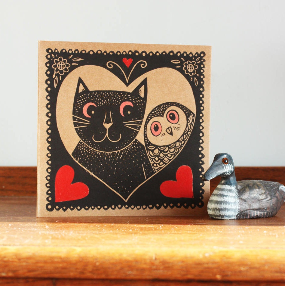 Cat And Owl Linocut Print, Linocut Greeting Card, Cat and Owl  Print, Cat Linoprint, Owl Linoprint, 