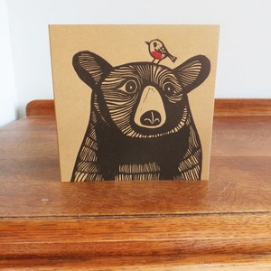 Bear with a Robin, Original Hand Printed Card, Linocut Card, Blank Greeting Card, Brown Kraft Card, Free Postage in UK,