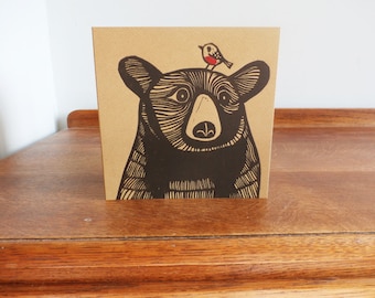 Bear with a Robin, Original Hand Printed Card, Linocut Card, Blank Greeting Card, Brown Kraft Card, Free Postage in UK,