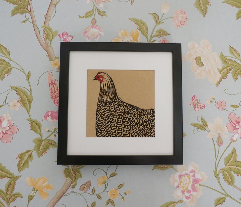 Hen Linocut Print, Chicken Linocut Print Card, Chicken Linoprint, Hand Printed, Kat Lendacka, Free Postage in UK image 2