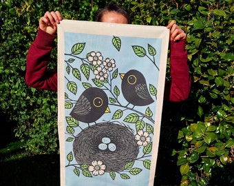 Cotton Tea Towel, Blackbird and Nest, linocut, linoprint, Kat Lendacka