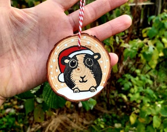 Guinea Pig christmas tree decoration - hand printed - handmade - linocut - wooden slice - kat lendacka - free postage in uk