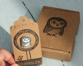 owl pin - owl badge - jewelry - owl jewellery - linocut - owl pin - Kat Lendacka - animal earrings - shrink plastic