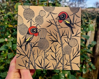 Goldfinches Linocut Print, Goldfinch Greeting Card, Goldfinch Linoprint, Hand Printed Card, Kat Lendacka, Free Postage